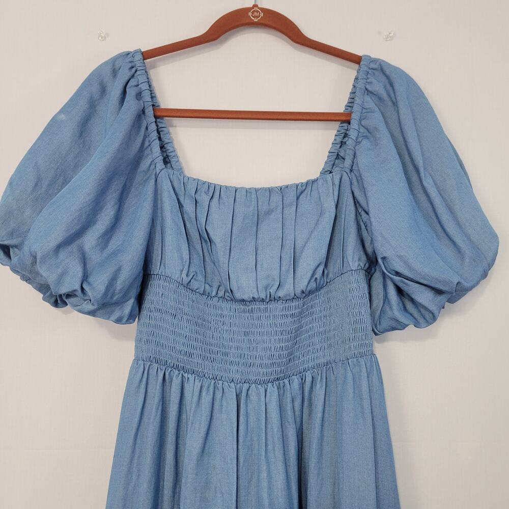 Jason Wu Linen Blend Chambray Square Neck Puff Sleeve Midi Dress size 6 Milkmaid - Picture 3 of 12
